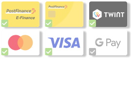 Les paiements sont possibles par MasterCard, VISA, GooglePay, PostFinance ou TWINT via Payrexx, prépaiement/paiement anticipé ou facture (B2B uniquement).